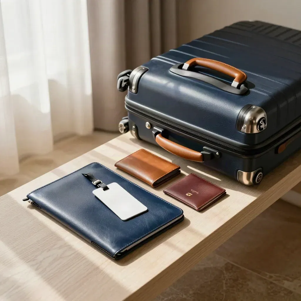 Compact suitcases, folio, wallets and bag tag laid out for departure.