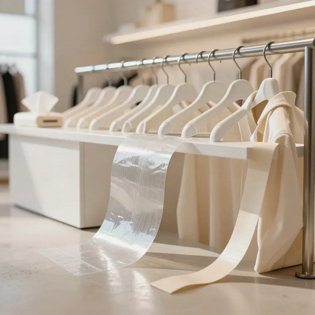 Macro of a ready-for-opening Manchester retail floor with rail ends, white counter, and glowing shelves.