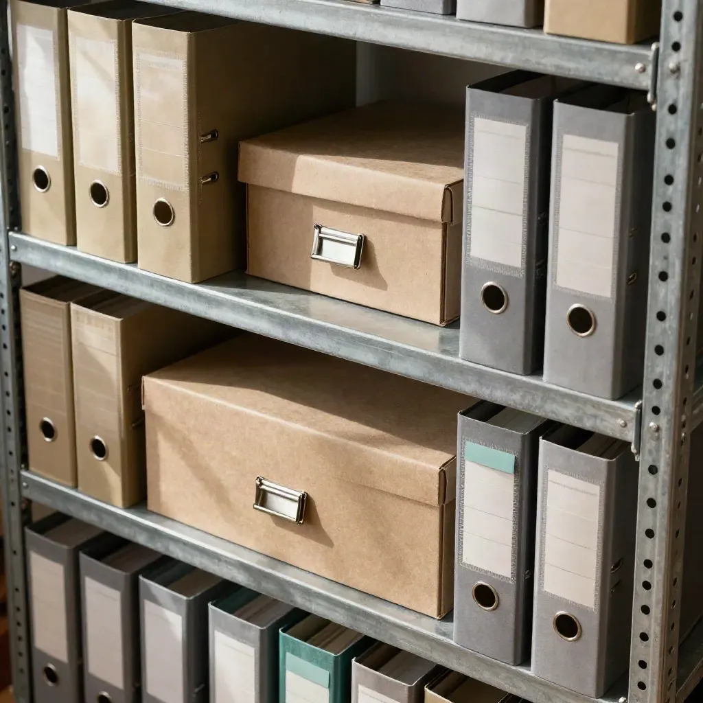 Top-down archive binders, clips, tabs and records box on steel shelving.
