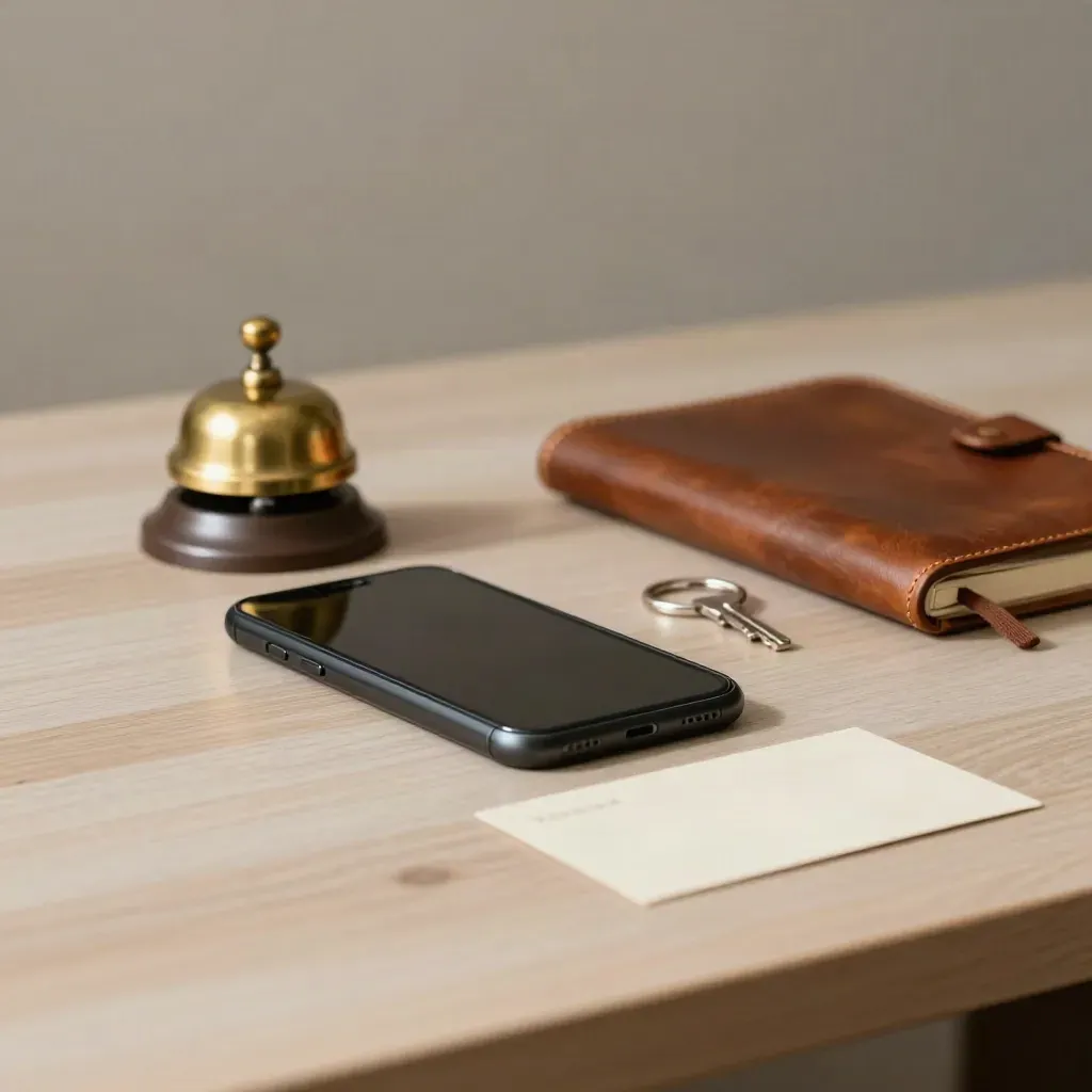 Face-down phone, brass bell, leather notebook and key ring on pale wood in soft daylight.