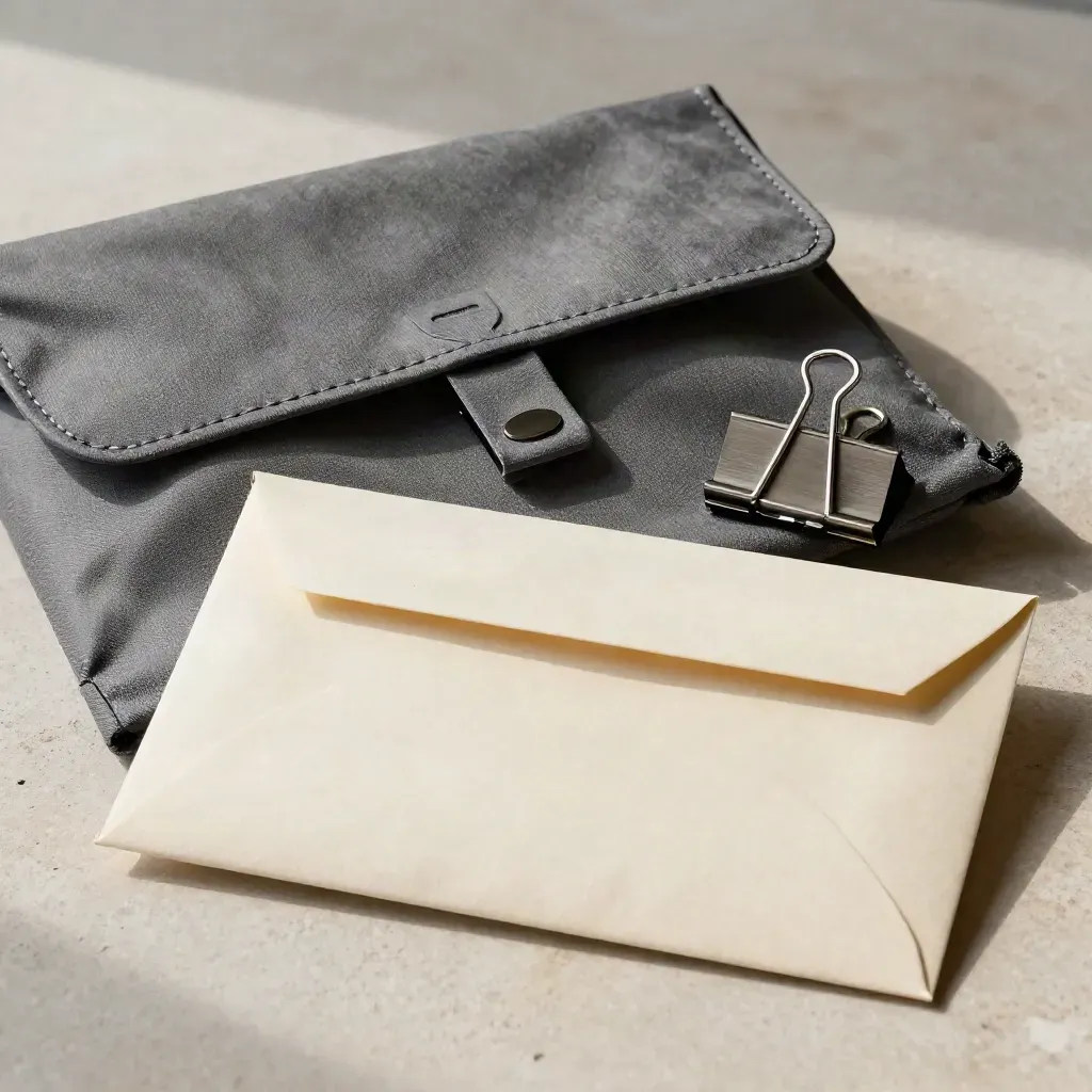 Sealed document envelope, courier pouch, binder clip and blank label on stone.